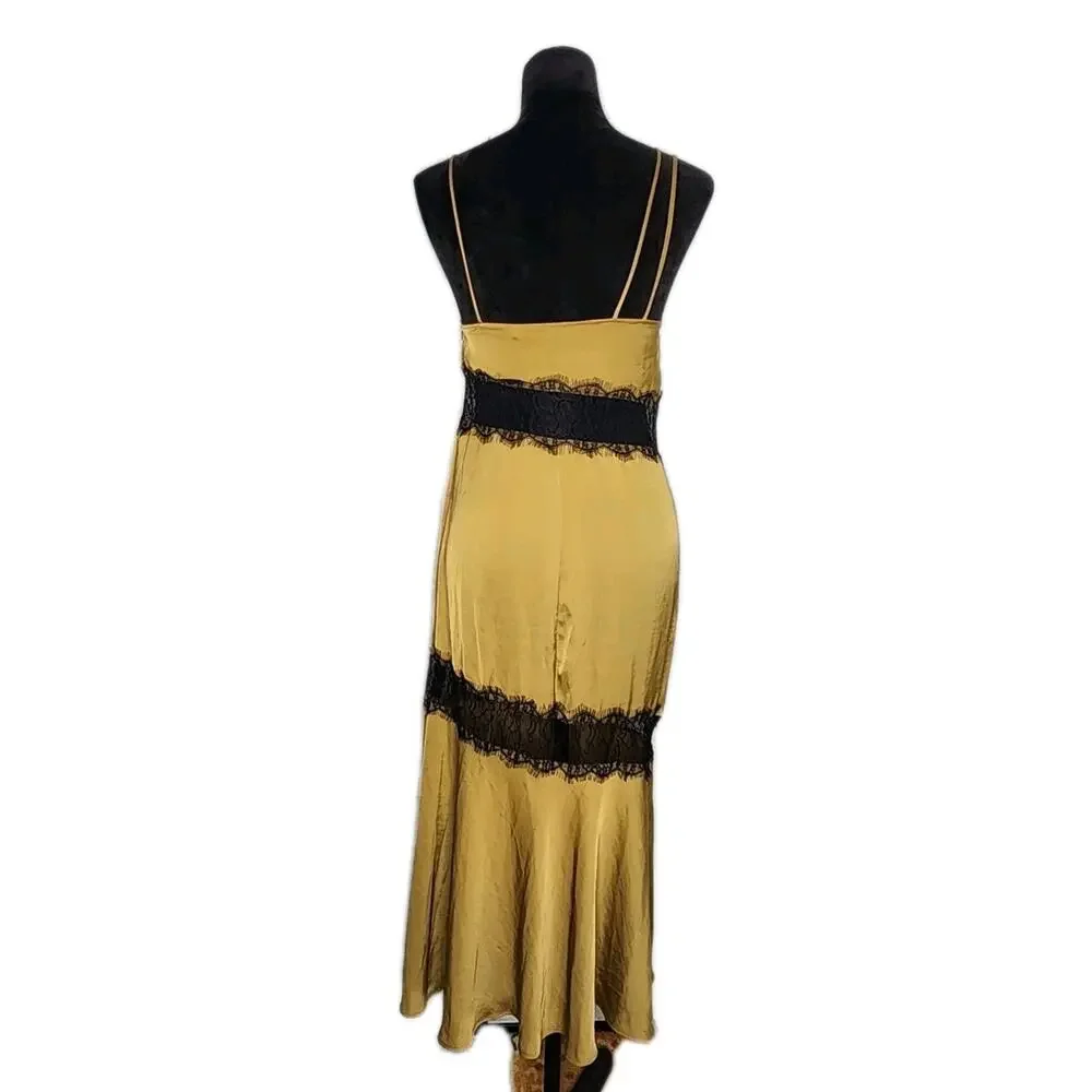 Zara Satin Contrast Slip Camisole Midi Dress Sheer Lace Panel Olive green Xs - Picture 4 of 11
